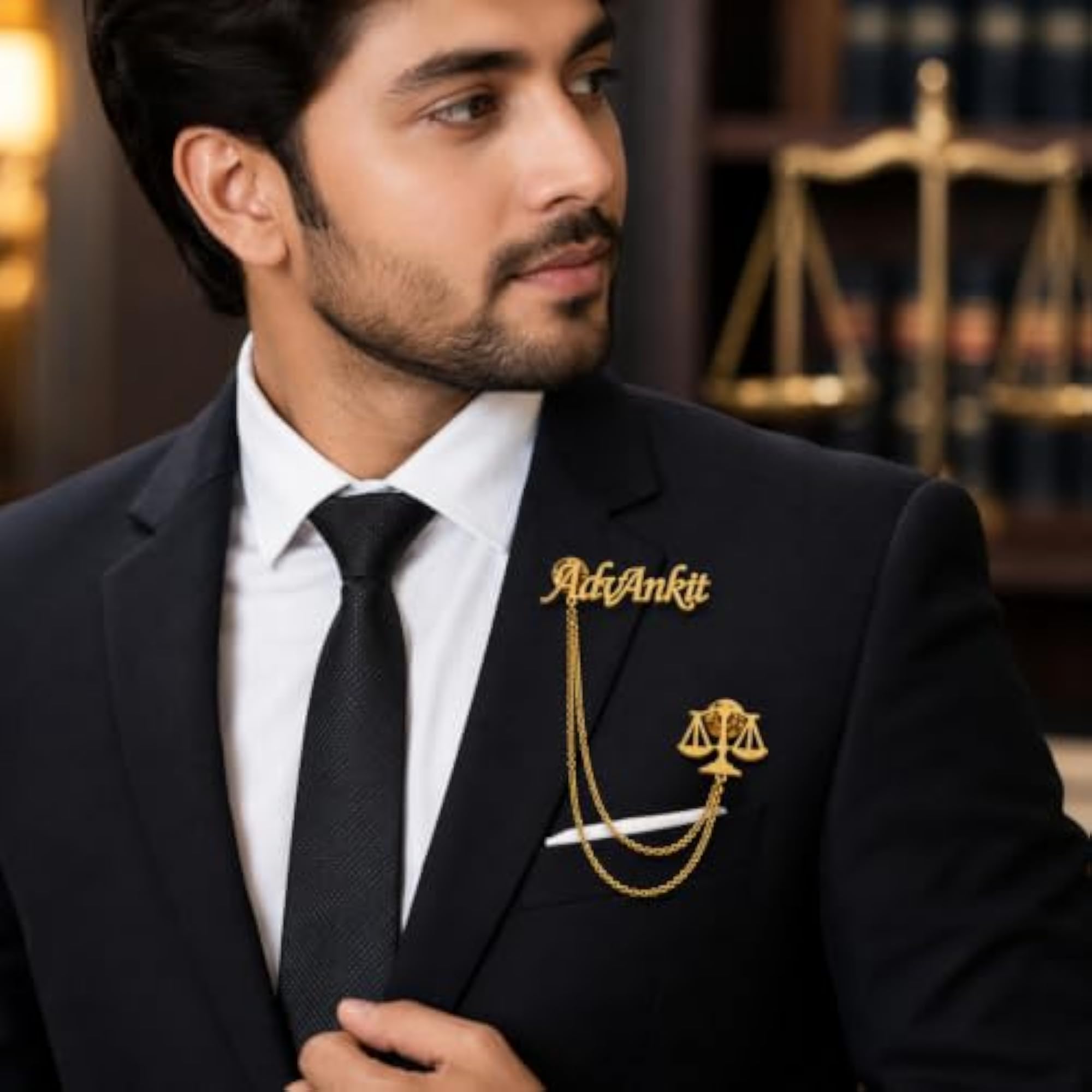 Men's Personalized Advocate Name Brooch Pin, Justice Scale